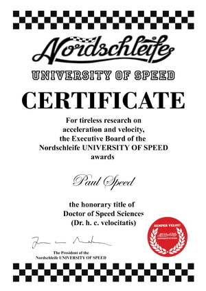 "Nordschleife UNIVERSITY OF SPEED" diploma